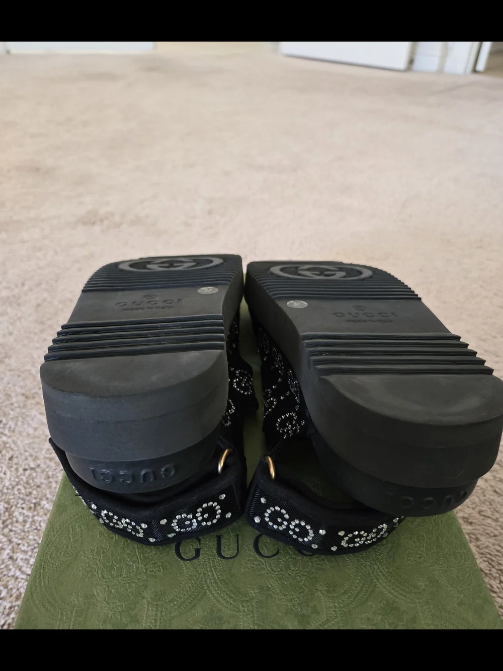 Gucci Womens Black Crystal-Embellished Logo Sandals